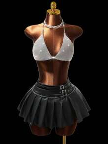 Mistrie Women's Fashionable Sexy Metal Rhinestone Music Festival Backless Halter Top,Summer,  Graduation ,Party Outfit  , Beach Outfits  , Beach Outfits  , Y2K , Sequin  Music Festival Sexy Club Outfit Rhinestone Bikini Skirt Bikini Set - Silver - View 1