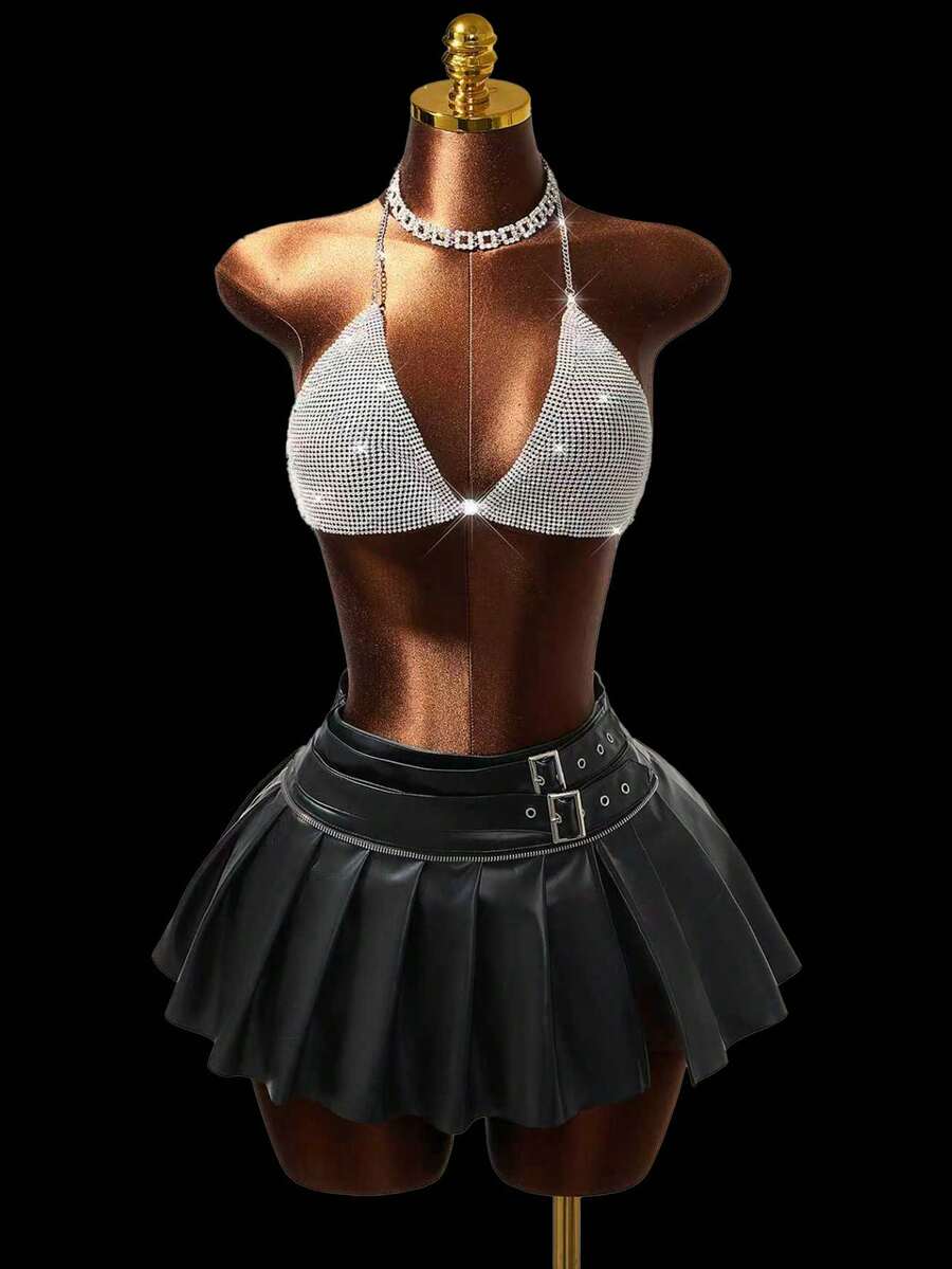 Mistrie Women's Fashionable Sexy Metal Rhinestone Music Festival Backless Halter Top,Summer,  Graduation ,Party Outfit  , Beach Outfits  , Beach Outfits  , Y2K , Sequin  Music Festival Sexy Club Outfit Rhinestone Bikini Skirt Bikini Set - Silver - View 1