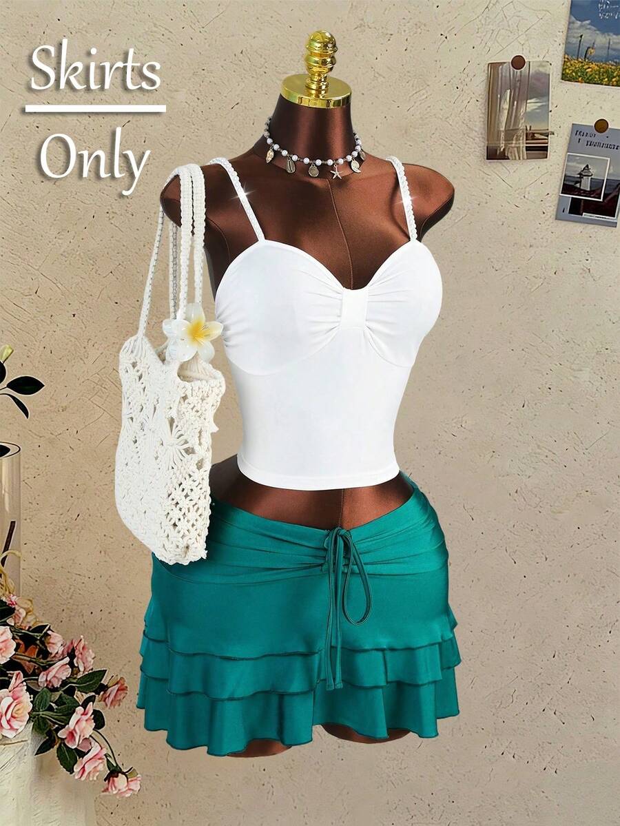 Lureya Women's Ruffle Mini Skirt With Drawstring Waist And Ruched Hem, Casual Vacation Wear, Young Lady Style, Spring/Summer Teal Turquoise Holiday - Blue - View 1