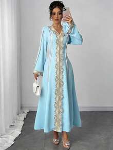 Rafferiza Women's Loose V-Neck Ruffle Long Sleeve Robe, Turkish Abaya, Arabic Kaftan - Light Wash - View 3