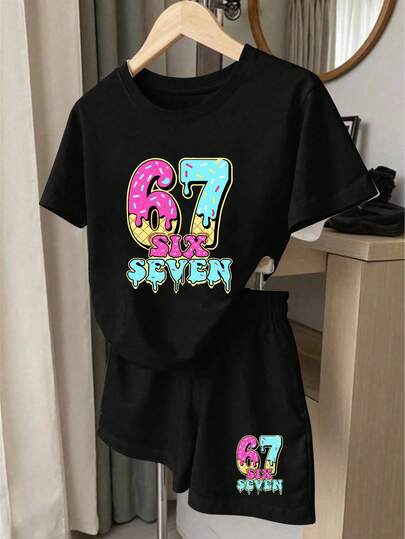 2pcs/Set Girls' Casual Fashionable 67 Number Design Black Short Sleeve T-Shirt And Shorts Set, Cute Graphic Print Round Neck Tee And Shorts, Comfortable Summer/Autumn Outfit For Daily Wear