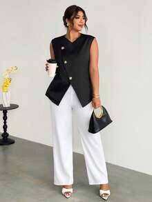 Firerie Plus Size Solid V-Neck Button Front Sleeveless Casual Blazer - Black - View 5