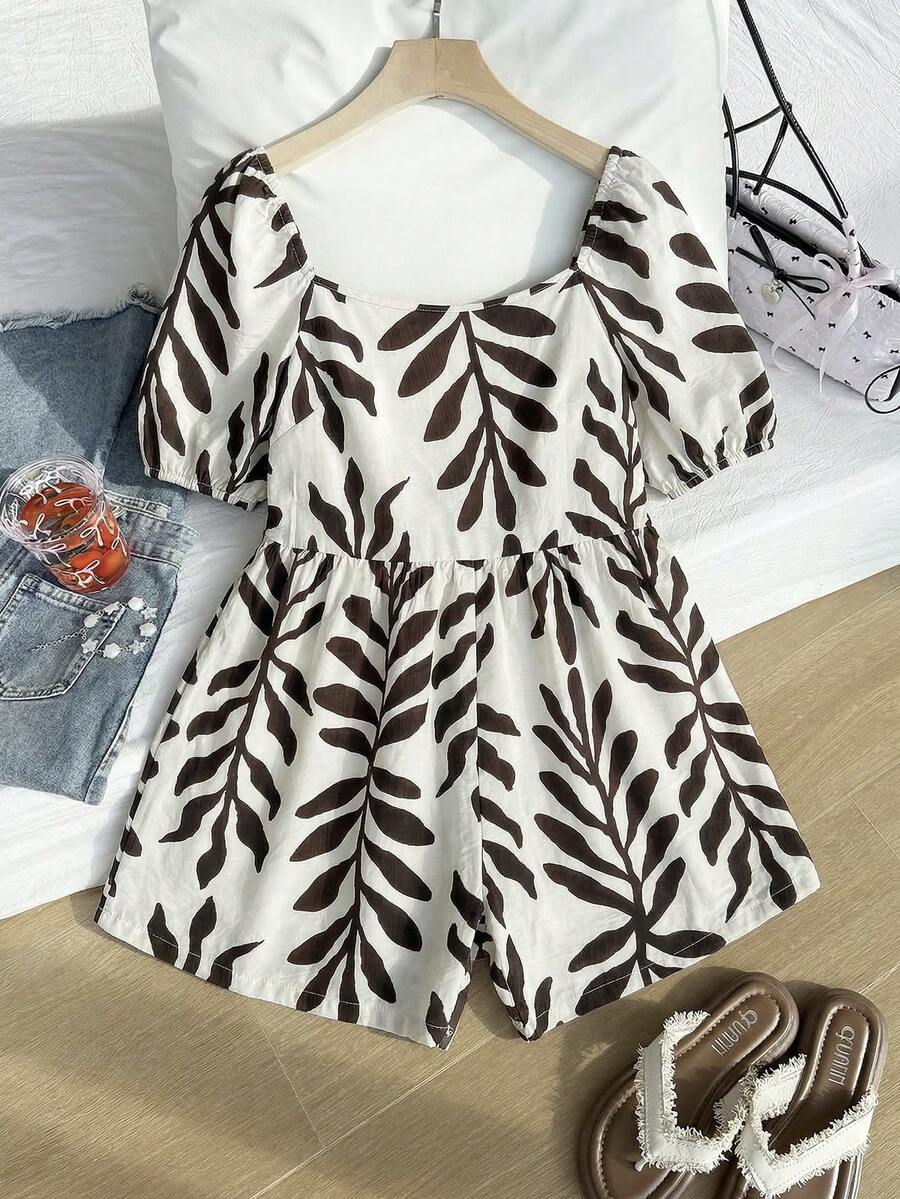 SHEIN EZwear 大码女式树叶印花褶皱休闲连体裤，适合度假和日常穿着 - 彩色 - 查看 1