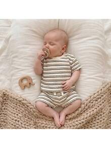 SHEIN 女婴夏季可爱条纹短袖T恤和短裤套装 - 黑與白 - 查看 11