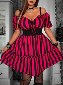 Whyspr Plus Size Women Striped Patchwork Off-Shoulder Tie Front Dress - Multicolor - View 1