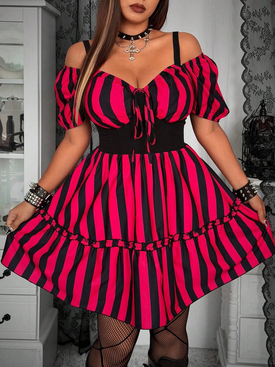 Whyspr Plus Size Women Striped Patchwork Off-Shoulder Tie Front Dress - Multicolor - View 1