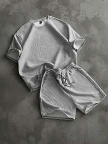 Manfinity Roghcode Men's T-Shirt Set, Knitted Plaid Casual Fashionable Outfit - Grey - View 7