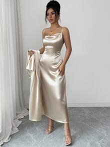 SHEIN Elenzya 女士优雅长袖开衫吊带裙套装（两件套），适合派对、家庭聚会、通勤和日常休闲穿着。 - 杏色 - 查看 4