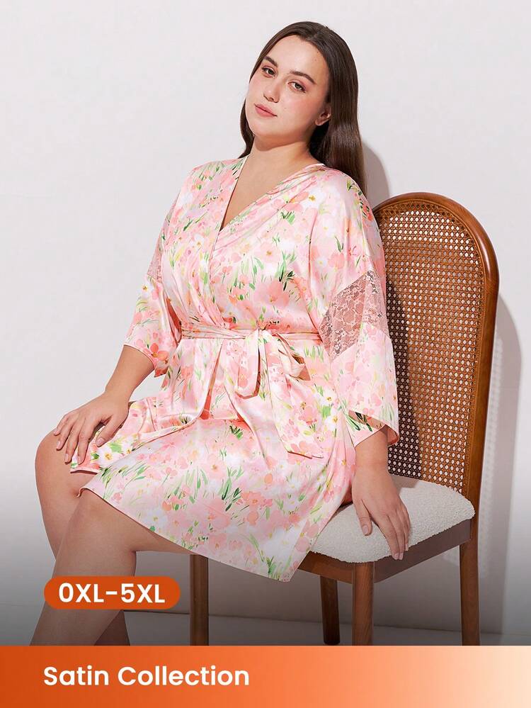 Plus Size Women's Summer Airy Floral Satin Robe