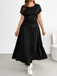 Shapeblank Plus-Size Women's Summer Black 2 Piece Set,Smart Casual Vacation Short-Sleeved Pleated Top And Elastic Waist Long Skirt,Comfortable Elegant Dress - Black - View 3