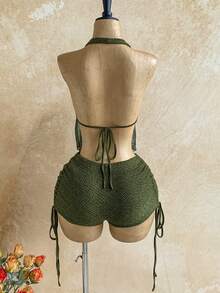 Soleia 2pcs/Set Women's Vacation Halter Backless Tie-Up Fitted Top And Low Waist Ruched Drawstring Shorts, Suitable For Party, Date, Afternoon Tea, Carnival, Sexy And Fashionable Summer Beach Outfit - Olive Green - View 2