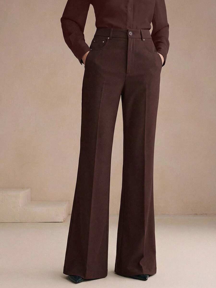 Anewsta Women's Brown Trousers, Elegant Flared Pants With Rivet Pockets, Suitable For Business, Commute And Casual Wear - Coffee Brown - View 1