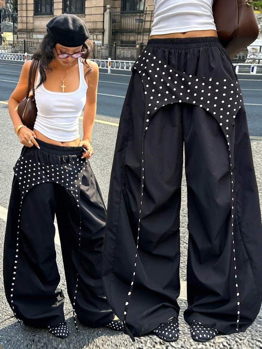 Coolane 女士夏季街头风外出休闲装，饰有独特织带细节和编织面料的红色长裤 - 黑與白 - 查看 1