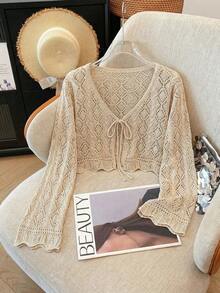 Franclia 新款纯色镂空钩编蕾丝轻薄开衫，女士百搭外套 - 卡其色 - 查看 4