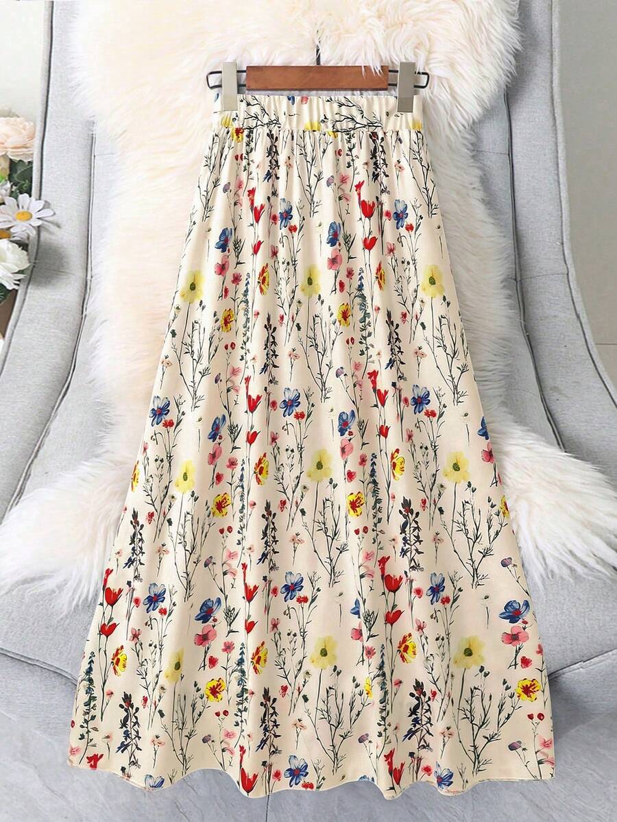 SHEIN LUNE Plus Size Women Floral Print Casual Versatile Date & Outing A-Line Skirt - Multicolor - View 1