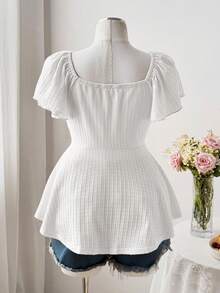 Sweetra Áo thun nữ cỡ lớn cổ vuông tay bồng dây rút eo nơ dáng chữ A chất liệu vải dệt họa tiết cổ điển thanh lịch dễ thương phong cách thường ngày dành cho nữ - trắng - Xem 2