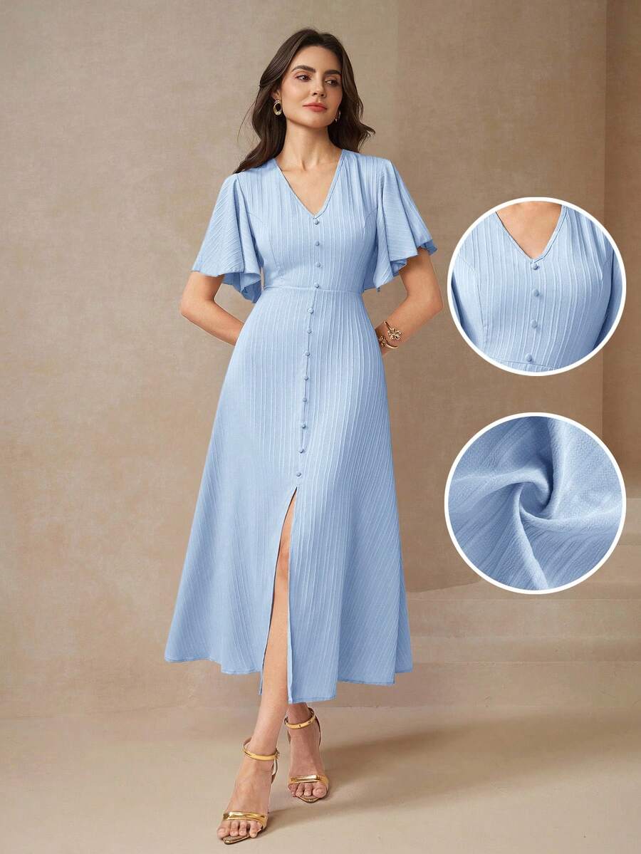 Amorya Đầm nữ tay cánh bướm cài cúc phía trước xẻ tà - Màu xanh bụi bặm - Xem 1