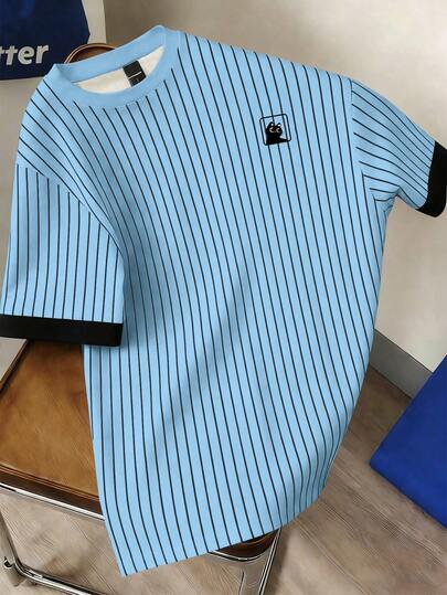 Manfinity Joysei T-shirt décontracté pour hommes à manches rayées, col rond, patchwork, été