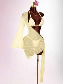 Amplova Women's 3 PiecesBeaded Swimsuit Set Including Sexy Halter Mesh Coverup, Suitable For Holiday Wear With Tie Details - Light Yellow - View 10