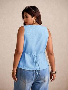 Elaquor Atasan Kasual Serbaguna untuk Pakaian Sehari-hari dengan Motif Garis-Garis Kancing Tunggal untuk Wanita Ukuran Plus - Biru - View 2
