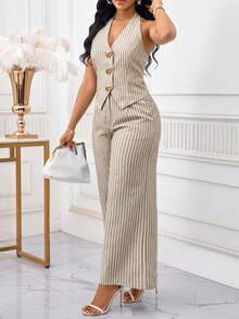 SHEIN Lady Bộ đồ thời trang nữ thường ngày, họa tiết kẻ sọc, khóa kim loại, kiểu áo yếm hở phía trước và quần ống rộng, gồm 2 món. - Nhiều màu - Xem 7