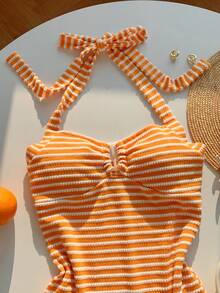 Comfortcana Women's Orange And White And Striped Halter Romper,Summer Casual Tropical Vacation Holiday Beach Vacation Outfits,Festival Country Concert Outfit - Orange - View 8