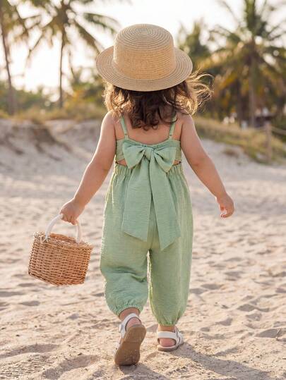 Cozy Pixies 女婴纯色舒适装饰蝴蝶结肩带连体衣