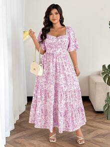 Easura Plus Size Women's Elegant Floral Print Square Neck Short Sleeve A-Line Maxi Dress, Spring/Summer - Pink - View 7