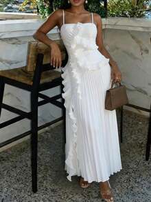 Slaydiva 早春新款、春夏音乐节、情人节、复活节、波西米亚风、游牧风、休闲简约风、邮轮派对、生日派对、日常约会、休闲度假、优雅通勤、吊带、无肩带、褶皱荷叶边、侧开衩至大腿的褶皱裙、白色连衣裙、女士长裙 -A - 白色 - 查看 8