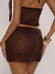 SHEIN BAE Women's Casual Low Waist Mini Knit Skirt,Polka Dot Brown Shimmering Top,Summer Chic Night Out Beach Vacation Party Music Festival Brunch Outfit Set - Chocolate Brown - View 5