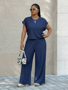 SHEIN EZwear 大码女式纯色蝙蝠袖短袖T恤和阔腿裤休闲两件套 - 淺灰色 - 查看 3