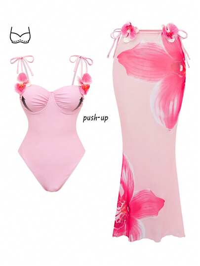 Swim Oasis Women's Sexy Gathered Underwire Halter One-Piece Swimsuit With Butterfly Orchid Floral Decor + Butterfly Orchid Floral Print Mesh Sarong Skirt, Spring/Summer