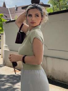 Jeta Ari Women's Solid Color Fitted Knit POLO Collar Top, Casual For Commute, Spring/Summer - Mint Green - View 6