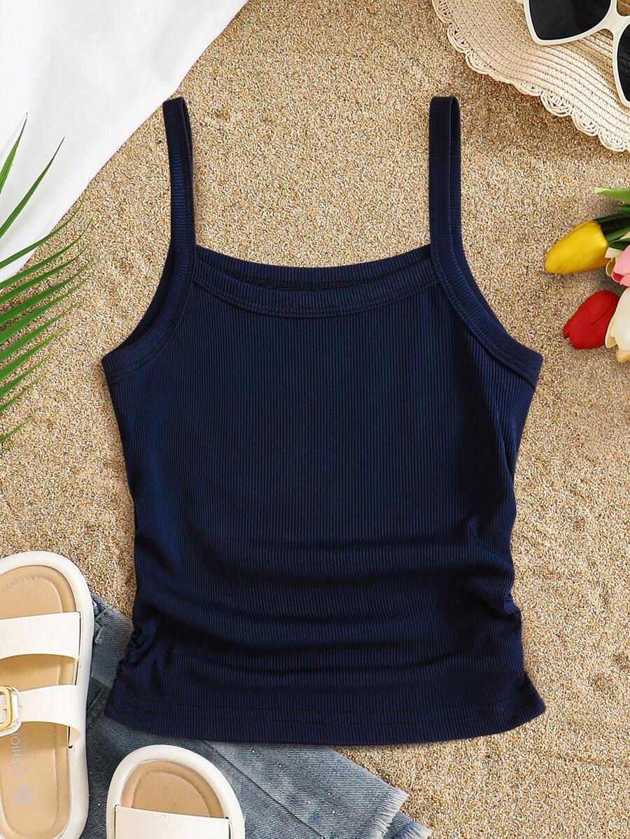 SHEIN Tween Girl Solid Color Casual Camisole Tank Top, All-Match Versatile Style, Perfect For Daily Outdoor Wear, Travel, School And More - Blue - View 1