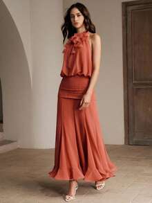 Anewsta Spring/Summer New Holiday Party Halter Sleeveless Detachable Floral Decor Waist Splice Ruffle Hem Romantic Elegant Maxi Dress For Women - Coral Orange - View 3