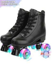Patines en línea de doble hilera para niños y niñas, patines en línea de cuatro ruedas con cordones y caña alta, adecuados para principiantes. - Negro - Ver 1