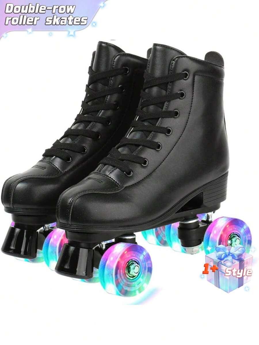 Patines en línea de doble hilera para niños y niñas, patines en línea de cuatro ruedas con cordones y caña alta, adecuados para principiantes. - Negro - Ver 1