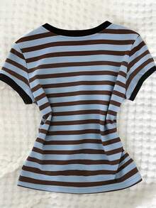 Glimmora 女士休闲户外运动T恤，夏季新品，适合约会、返校穿着，条纹和花卉印花图案，常规版型T恤 - 彩色 - 查看 2