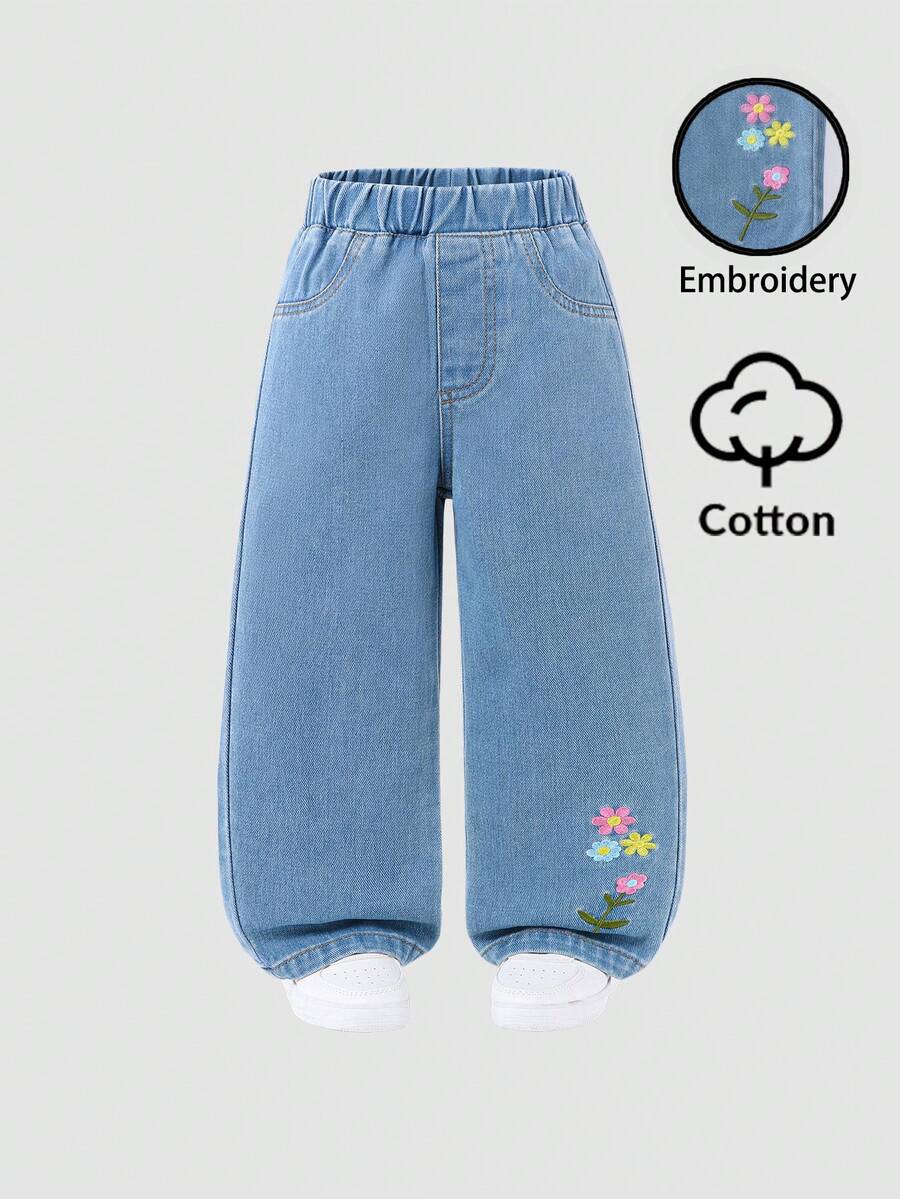 SHEIN Vintaside Kids 幼兒女童男童牛仔褲，返校季藍色柔軟丹寧，寬鬆版型鬆緊腰帶，彩色花卉刺繡設計，寬鬆直筒長褲