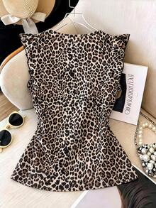 GlowEve CURVE Plus Size Women Leopard Print V-Neck Ruffle Sleeve Loose Side Slit Blouse,Khaki,Summer,Classy,Night Out Club Casual Top,Elegant Animal Print Fashion - Multicolor - View 2