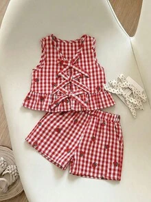 SHEIN 2pcs/Set Young Girl Summer Casual Plaid Strawberry Embroidery Vest And Shorts Set Summer Tops Shirts Summer Clothes Sets Gingham Set Plaid Two Piece Set Girls Young Girl Two Piece Summer Two Piece Set Kids Plaid 2 Piece Baby Girls Gingham Romper With Strawberry Embroidery Ruffled Hem And Bow Detail Girls Red And White Checkered Outfit Girls Red Gingham Girls Summer Two Piece Girls Summer Clothes Girls Strawberry Print Clothes - Red and White - View 1