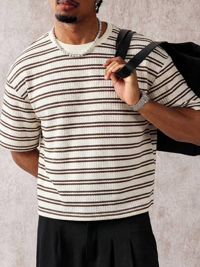 PAVTROS Áo thun nam tay ngắn cổ tròn kẻ sọc, kiểu dáng thường ngày.