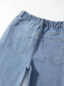 SHEIN Explorewe Streecool Tween Girl Fashion Cross Shaped Rhinestone Decor Wide Leg Jeans, High Waist Front Button Multiple Pockets Minimalist Mid-Rise Wide Leg Jeans, Casual Daily Wear - Light Wash - View 4