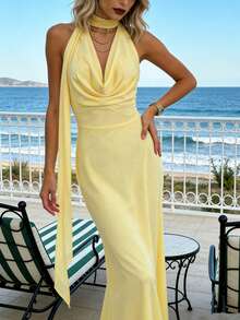 SHEIN Raffinéa 女士新款深V领垂褶系腰连衣裙，优雅适合宴会和晚宴场合 - 黃色 - 查看 3