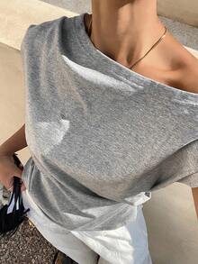 DAZY Striped Open Shoulder Ruched Bodycon Short Sleeve T-Shirt For Women Summer - Grey - View 6
