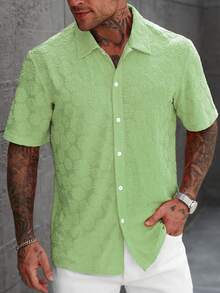 Genlund Men's Solid Color Textured Jacquard Short Sleeve Shirt, Holiday - Green - View 3