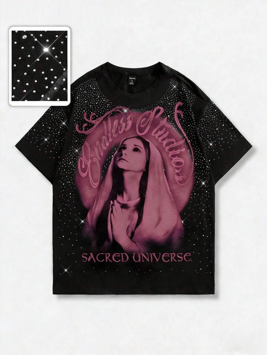 ROMWE MEN Street Life Camiseta de manga corta para hombre con adornos de strass de la Virgen María, adecuada para uso diario en primavera/verano - Rosa Fucsia - Ver 1