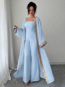 Rafferiza Women's Strapless High-End Jumpsuit With Extra Long Gold Lace Patchwork Chiffon Shawl 2 Pieces Set - Baby Blue - View 4