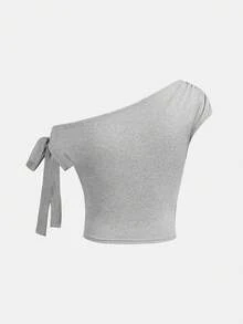 Girlism Teen Girls' Grey Solid Color Knit Casual Minimalist Asymmetric Ruched Cropped Top,Suitable For Spring/Summer,Personalized Styling,Daily Wear - Grey - View 2