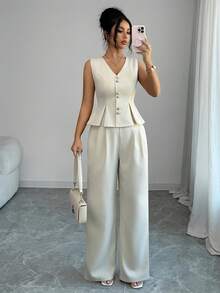 SHEIN Elenzya 女款優雅米白色夏季辦公兩件套，無袖百褶下擺西裝外套與鬆緊腰長褲，通勤下午茶派對專業穿搭 - 卡其色 - 查看 5